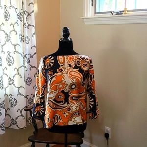 Beautiful silk foulard orange, navy and gold top